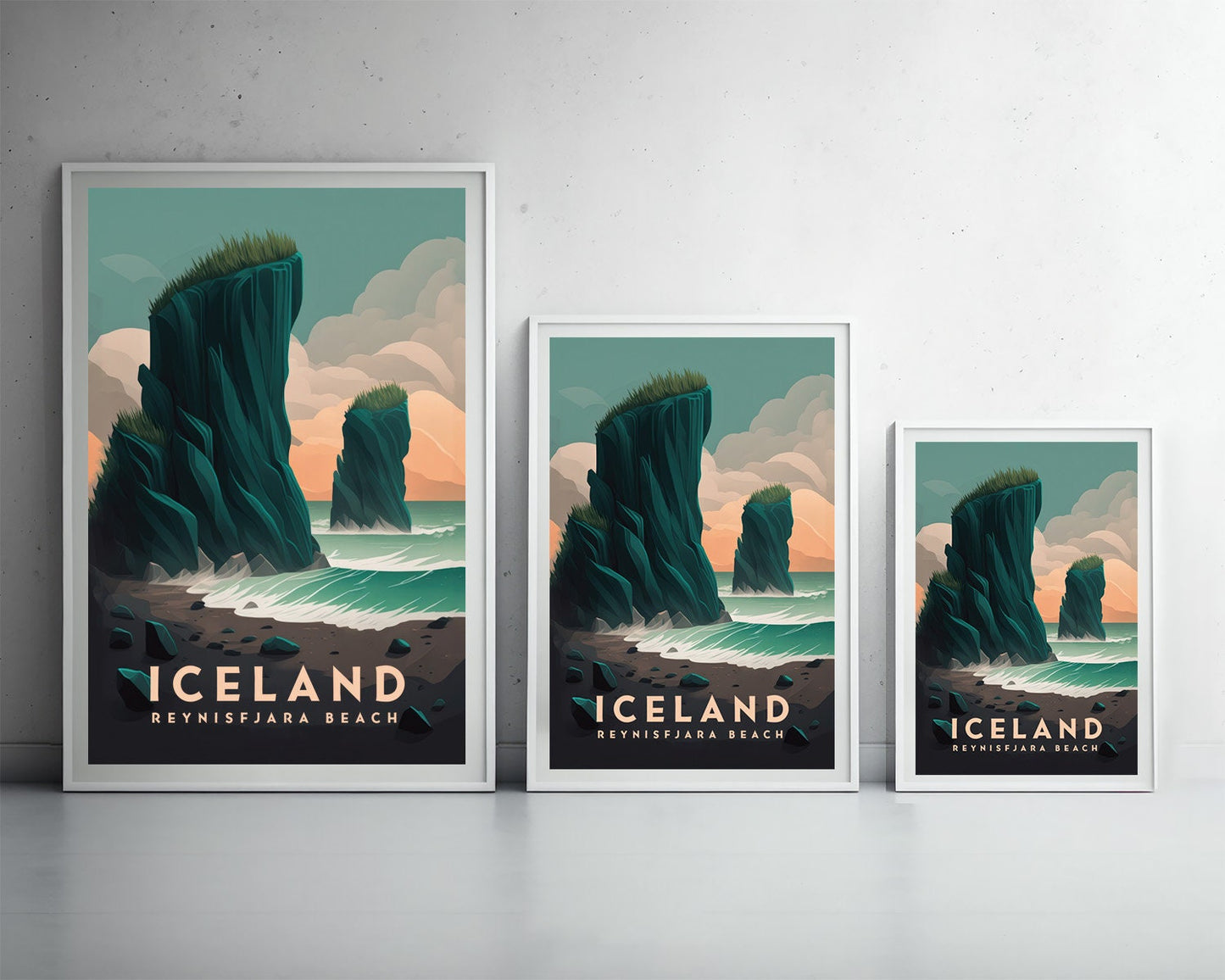 Framed Iceland Reynisfjara Beach Travel Poster in Portrait orientation, minimal background, close up wall art print 3