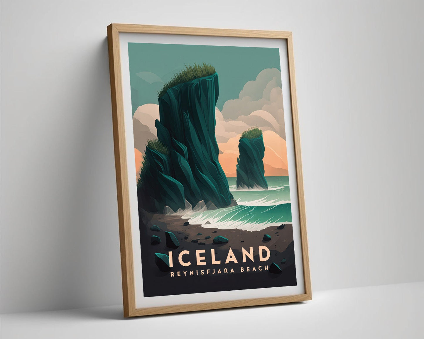 Framed Iceland Reynisfjara Beach Travel Poster in Portrait orientation, minimal background, close up wall art print 4