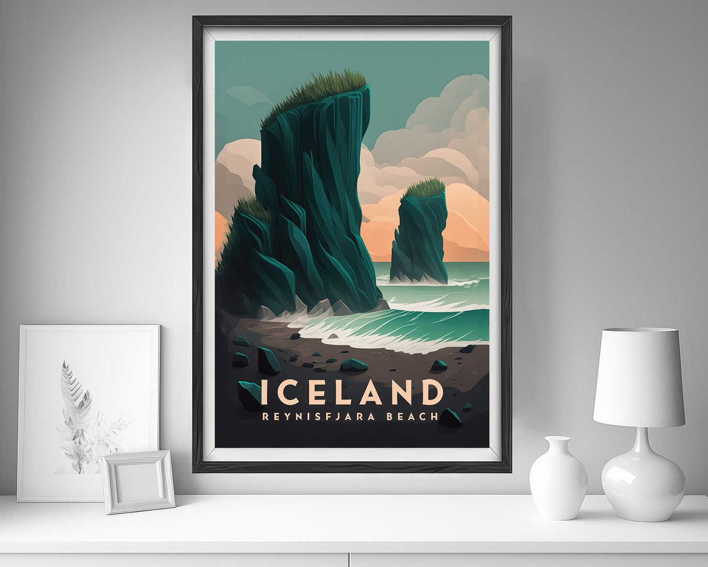 Framed Iceland Reynisfjara Beach Travel Poster in Portrait orientation, minimal background, close up wall art print 5
