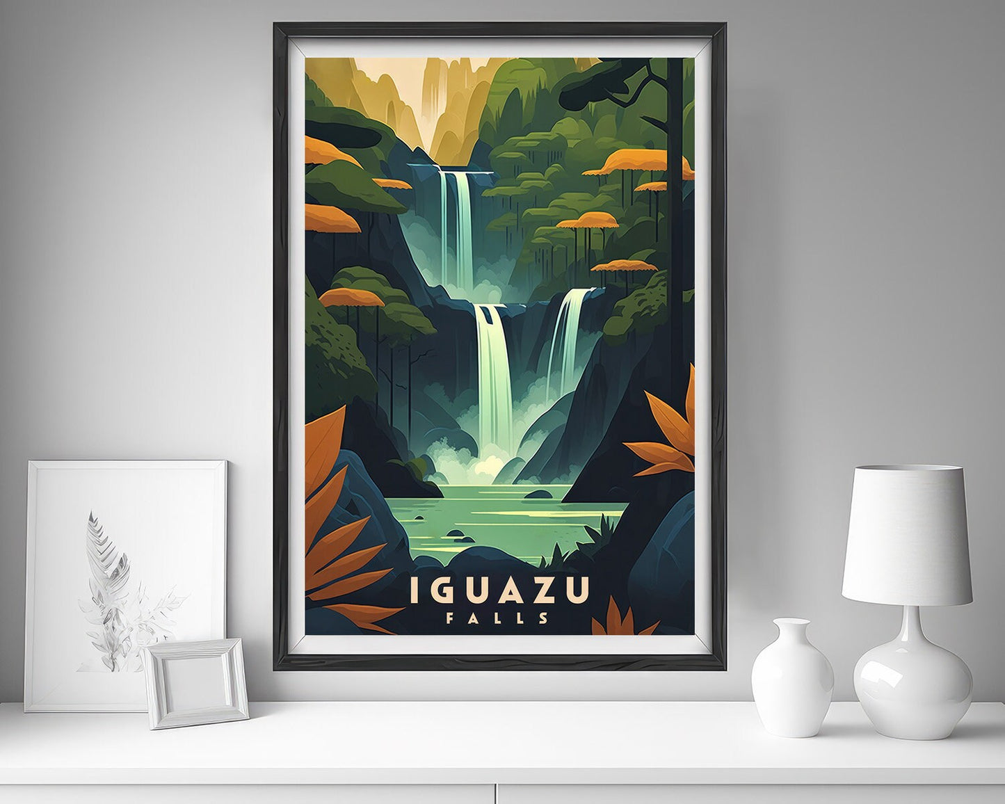 Framed Iguazu Falls Brazil Travel Poster in Portrait orientation, minimal background, close up wall art print 5