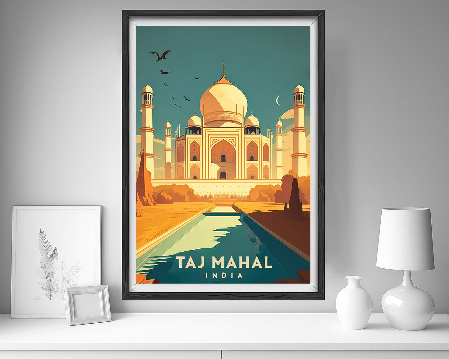 Framed India Taj Mahal Delhi Travel Poster in Portrait orientation, minimal background, close up wall art print 5