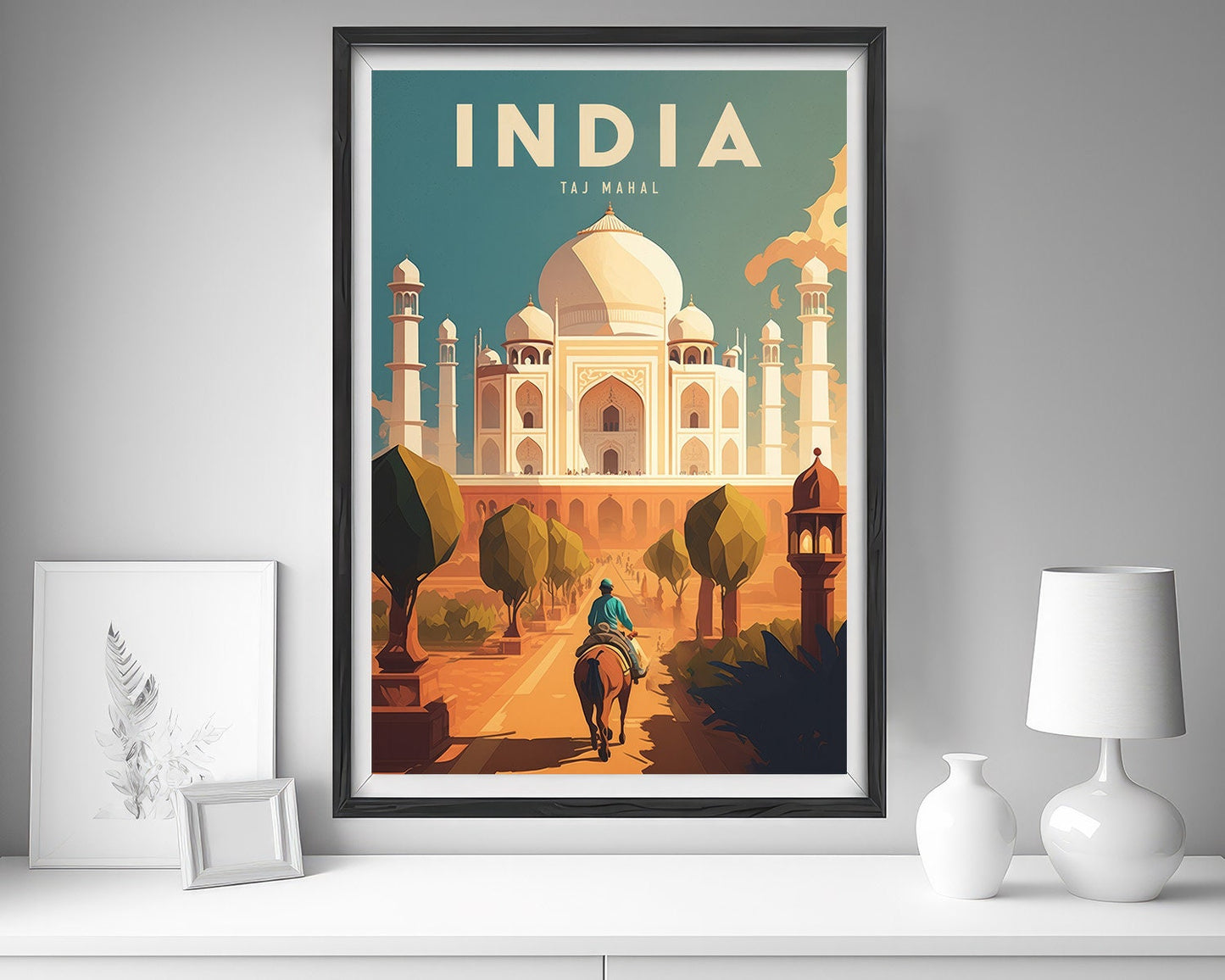 Framed India Taj Mahal Travel Poster in Portrait orientation, minimal background, close up wall art print 5