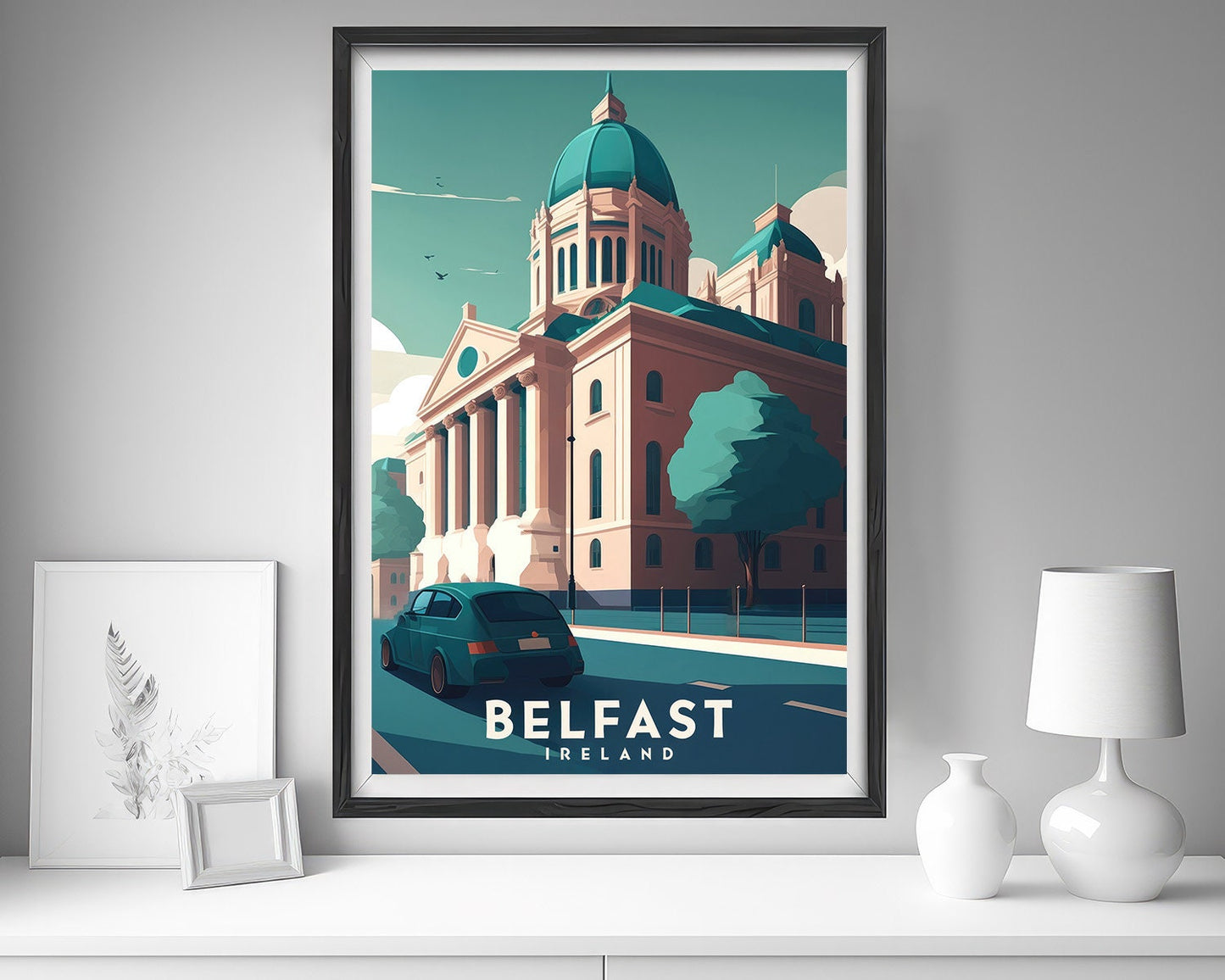 Framed Ireland Belfast Travel Poster in Portrait orientation, minimal background, close up wall art print 5