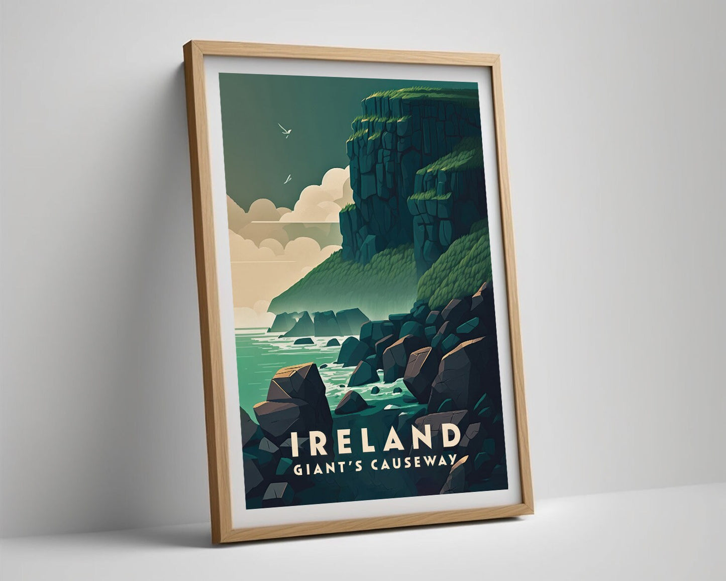Framed Ireland Giants Causeway Europe Travel Poster in Portrait orientation, minimal background, close up wall art print 5