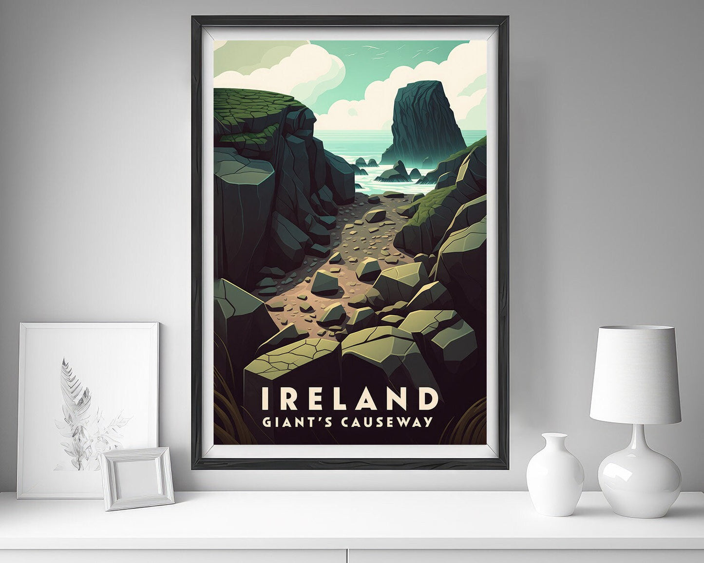 Framed Ireland Giant's Causeway Travel Poster in Portrait orientation, minimal background, close up wall art print 5