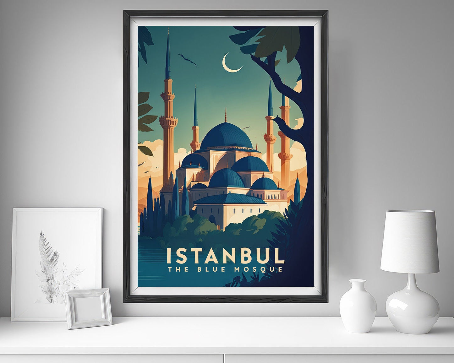 Framed Istanbul Blue Mosque Travel Poster in Portrait orientation, minimal background, close up wall art print 5
