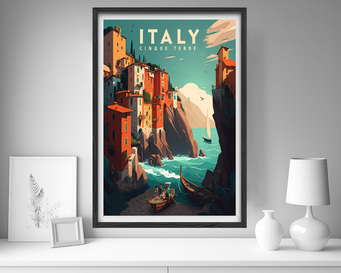 Framed Italy Cinque Terre Travel Poster in Portrait orientation, minimal background, close up wall art print 5