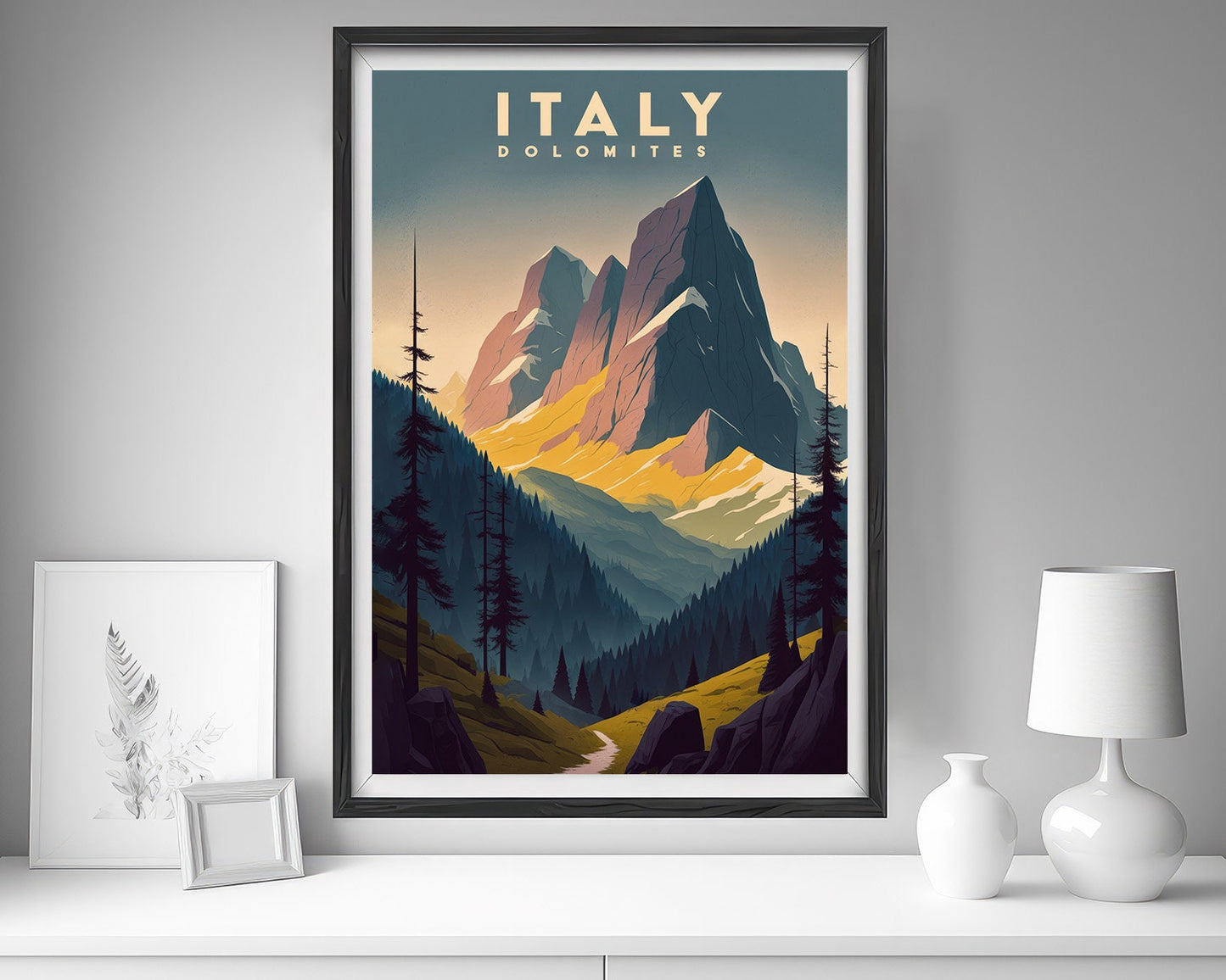 Framed Italy Dolomites Travel Poster in Portrait orientation, minimal background, close up wall art print 5