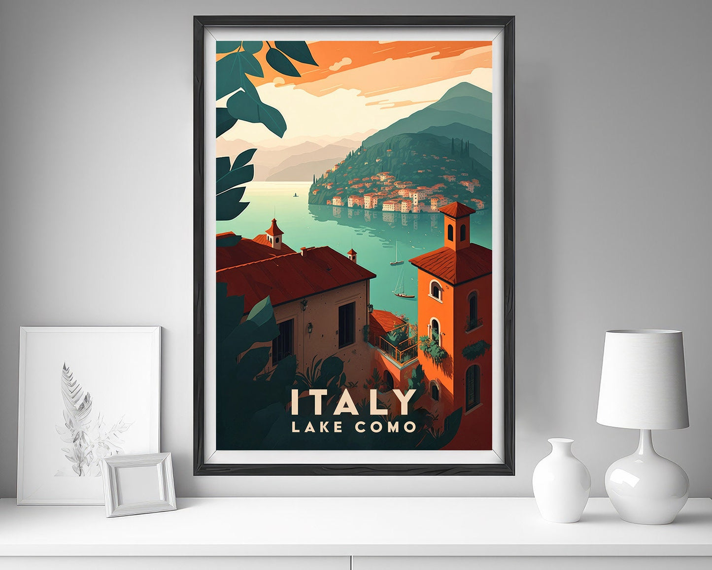 Framed Italy Lake Como Europe Travel Poster in Portrait orientation, minimal background, close up wall art print 5