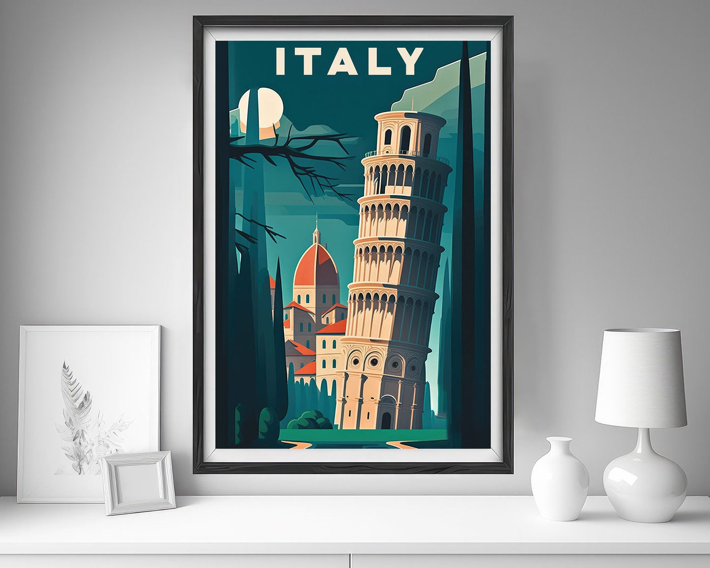 Framed Italy Leaning Tower of Pisa Travel Poster in Portrait orientation, minimal background, close up wall art print 5