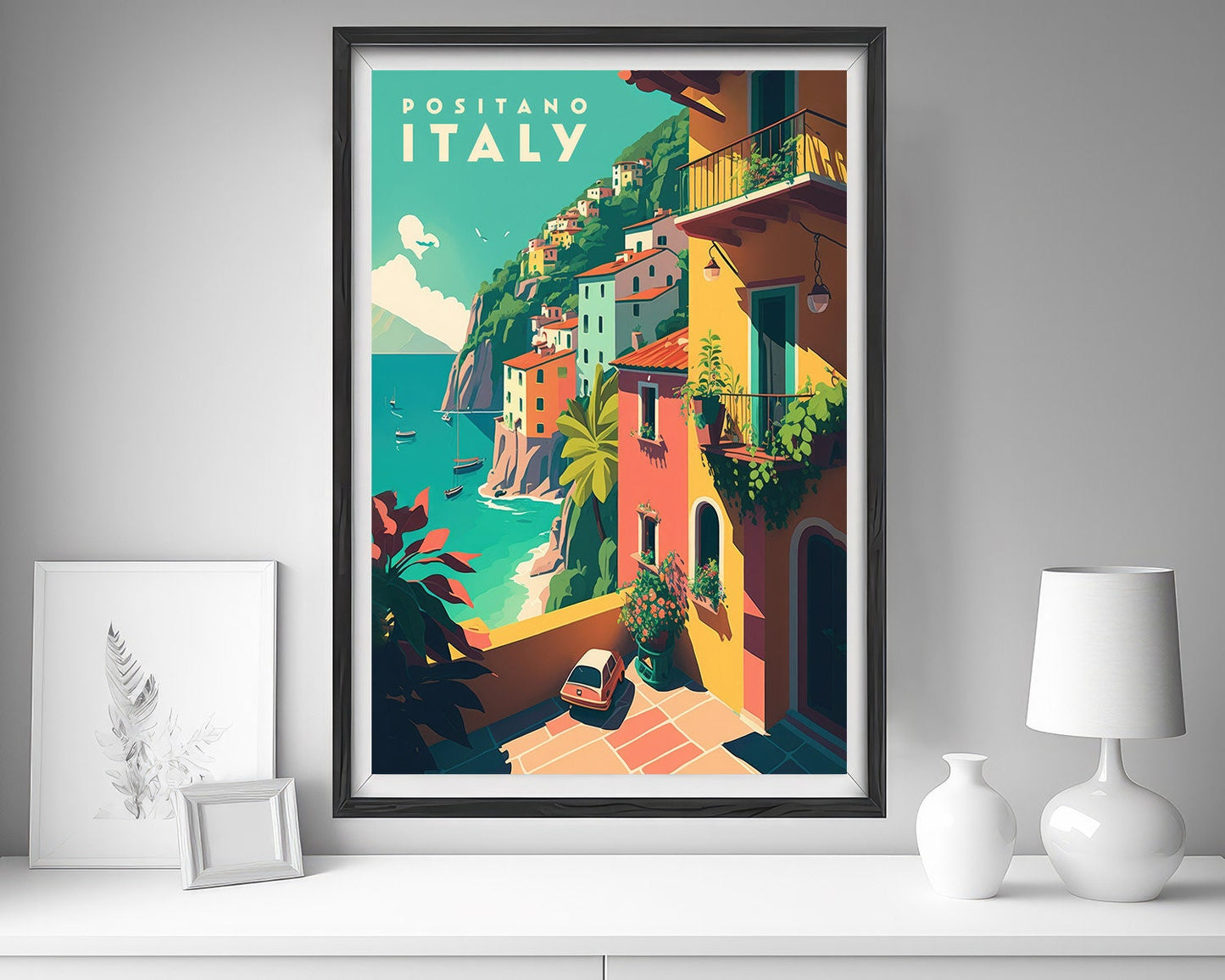 Framed Italy Positano Travel Poster in Portrait orientation, minimal background, close up wall art print 5
