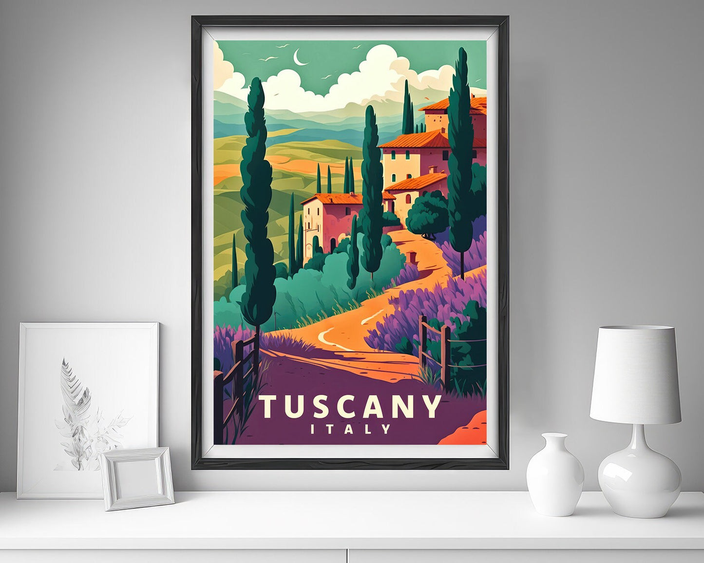 Framed Italy Tuscany Travel Poster in Portrait orientation, minimal background, close up wall art print 5