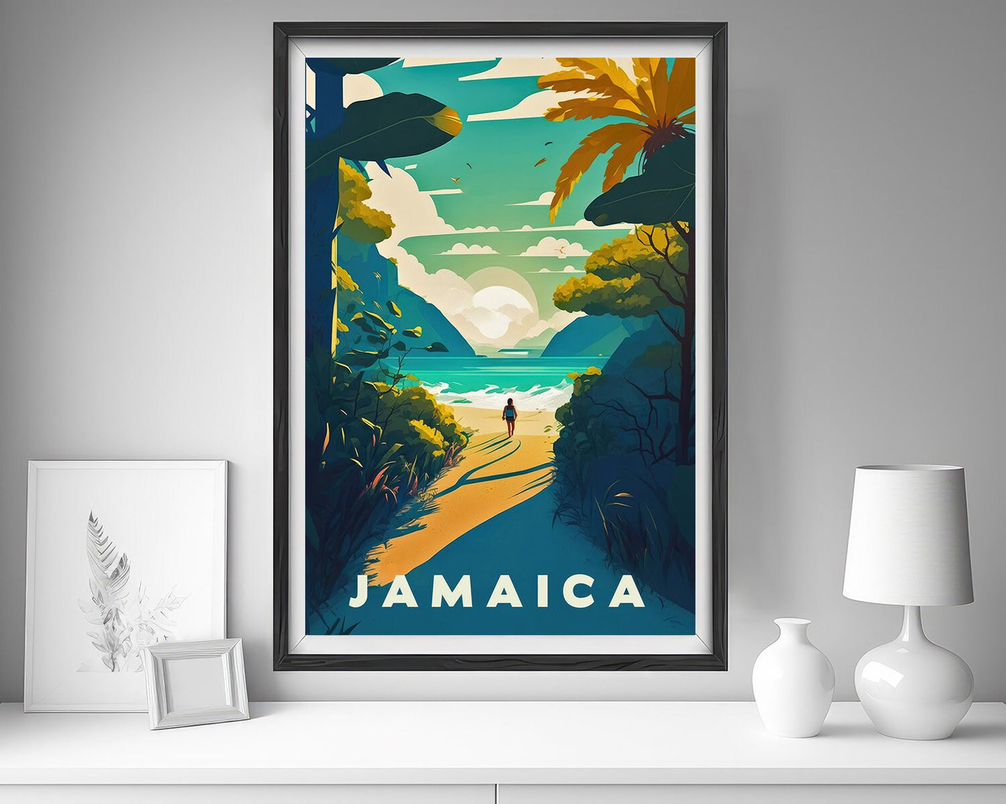 Framed Jamaica Ocean Travel Poster in Portrait orientation, minimal background, close up wall art print 5