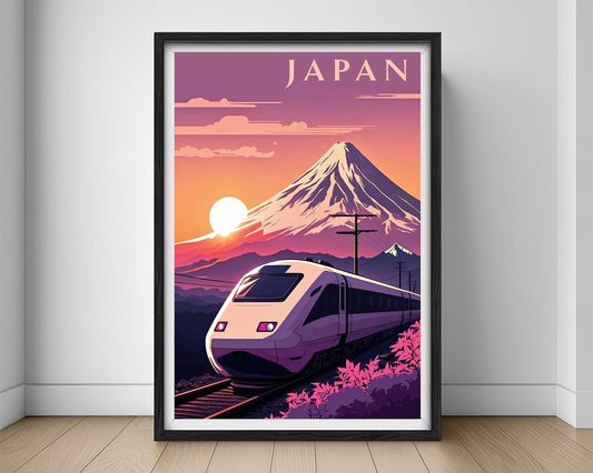 Framed Japan High Speed Train Mt Fuji Travel Poster in Portrait orientation, minimal background, close up wall art print 1