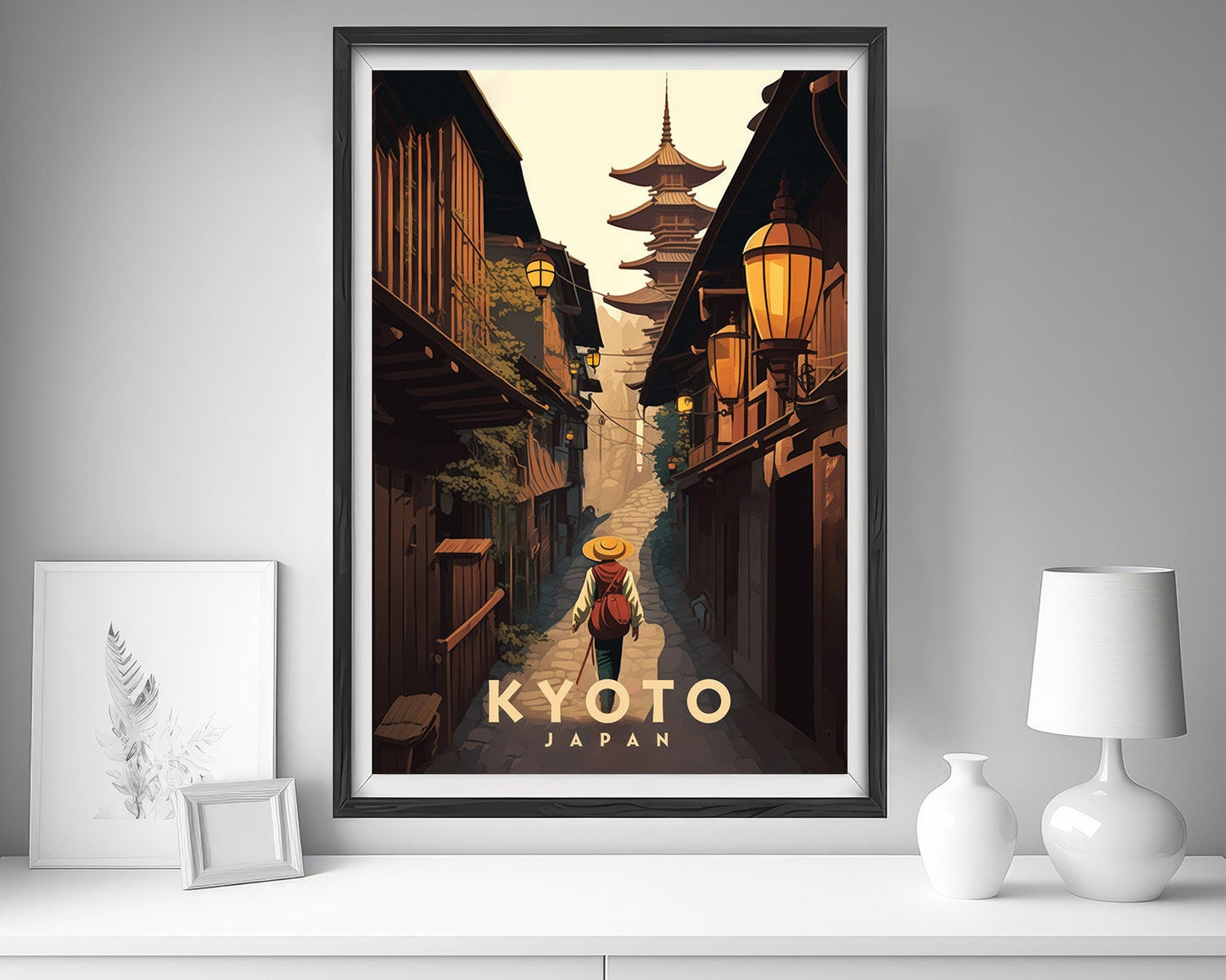 Framed Japan Kyoto Travel Poster in Portrait orientation, minimal background, close up wall art print 5