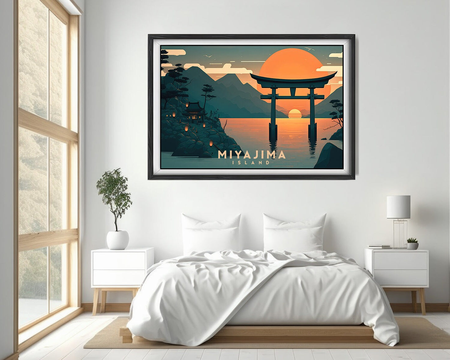 Framed Japan Miyajima Island Hiroshima Travel Poster in Landscape orientation, minimal background, close up wall art print 4