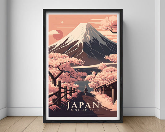 Framed Japan Mount Fuji Travel Poster in Portrait orientation, minimal background, close up wall art print 1