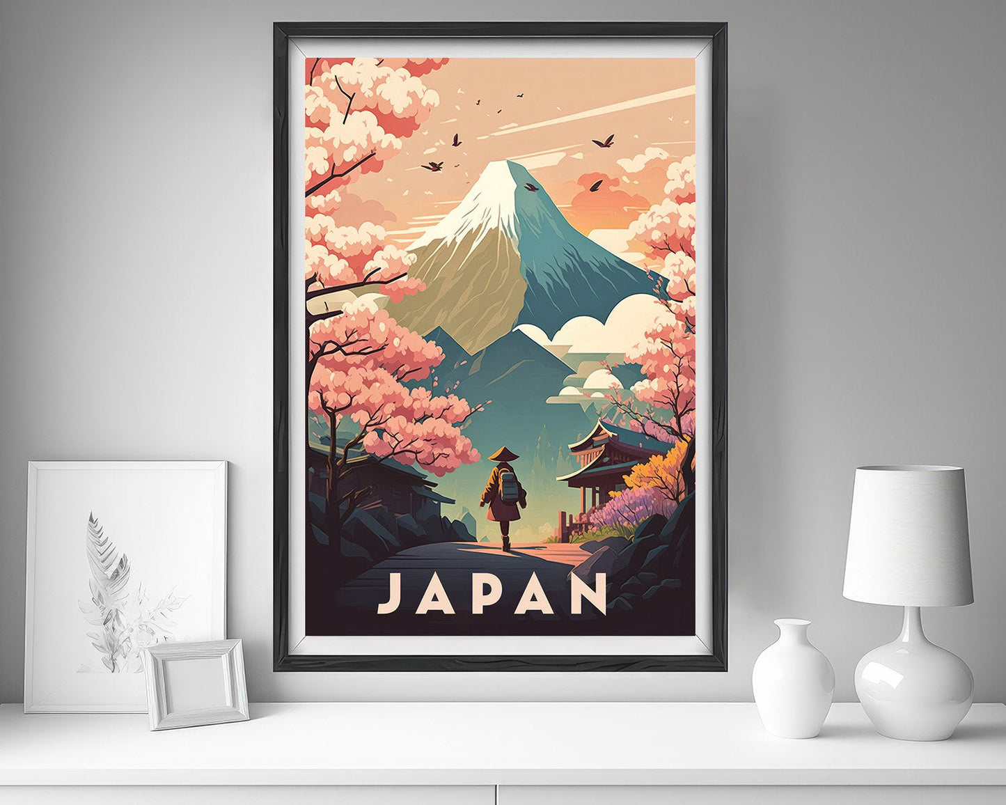 Framed Japan Travel Poster in Portrait orientation, minimal background, close up wall art print 5