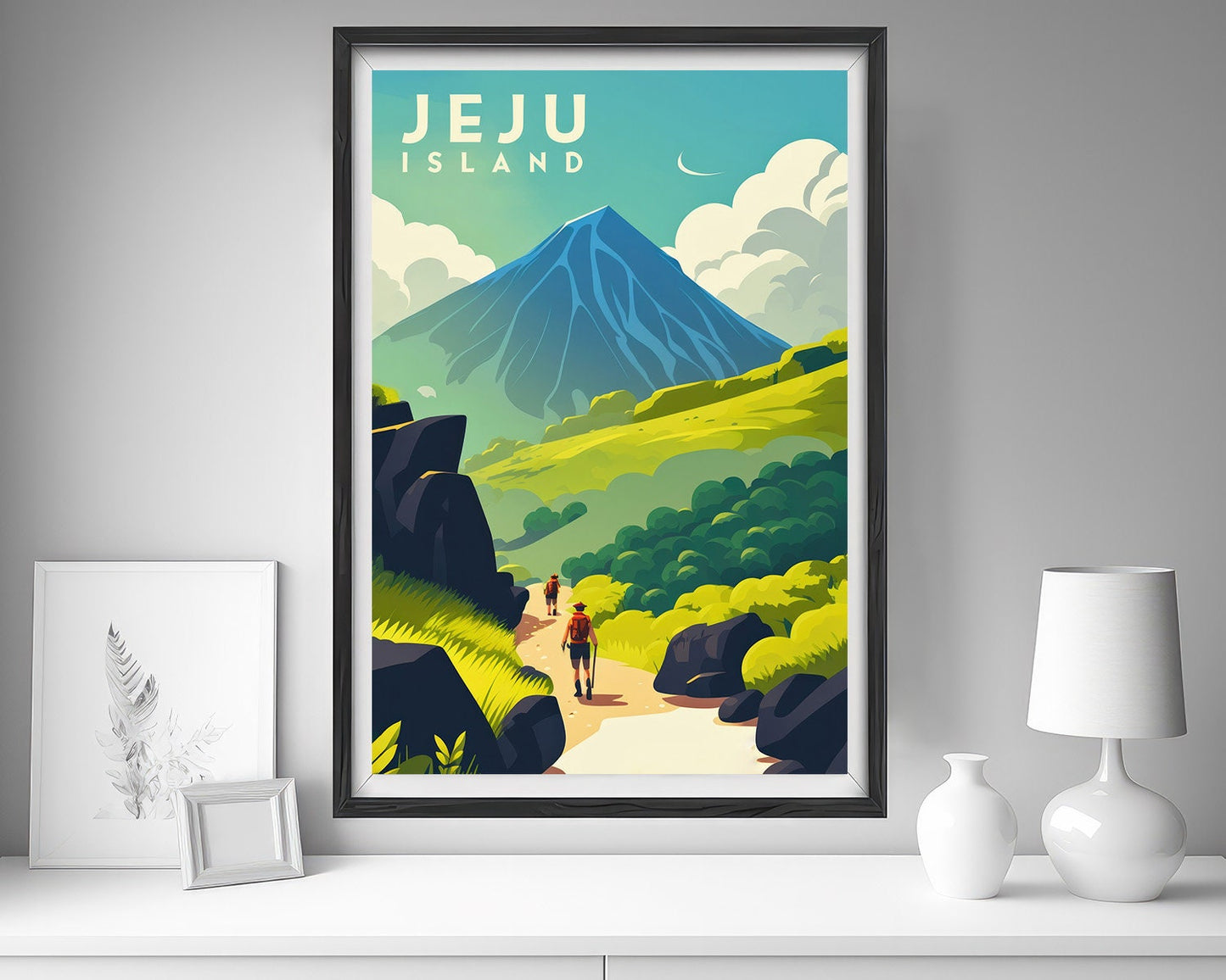 Framed Jeju Island Korea Travel Poster in Portrait orientation, minimal background, close up wall art print 5