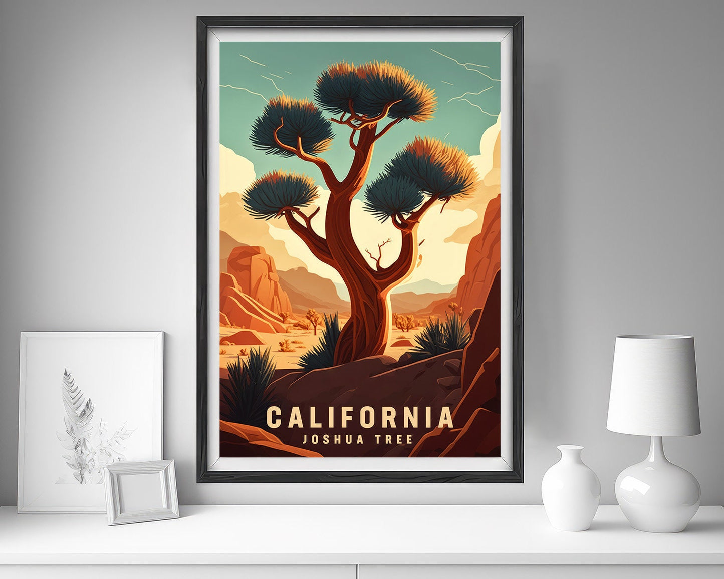 Framed Joshua Tree Travel Poster in Portrait orientation, minimal background, close up wall art print 5