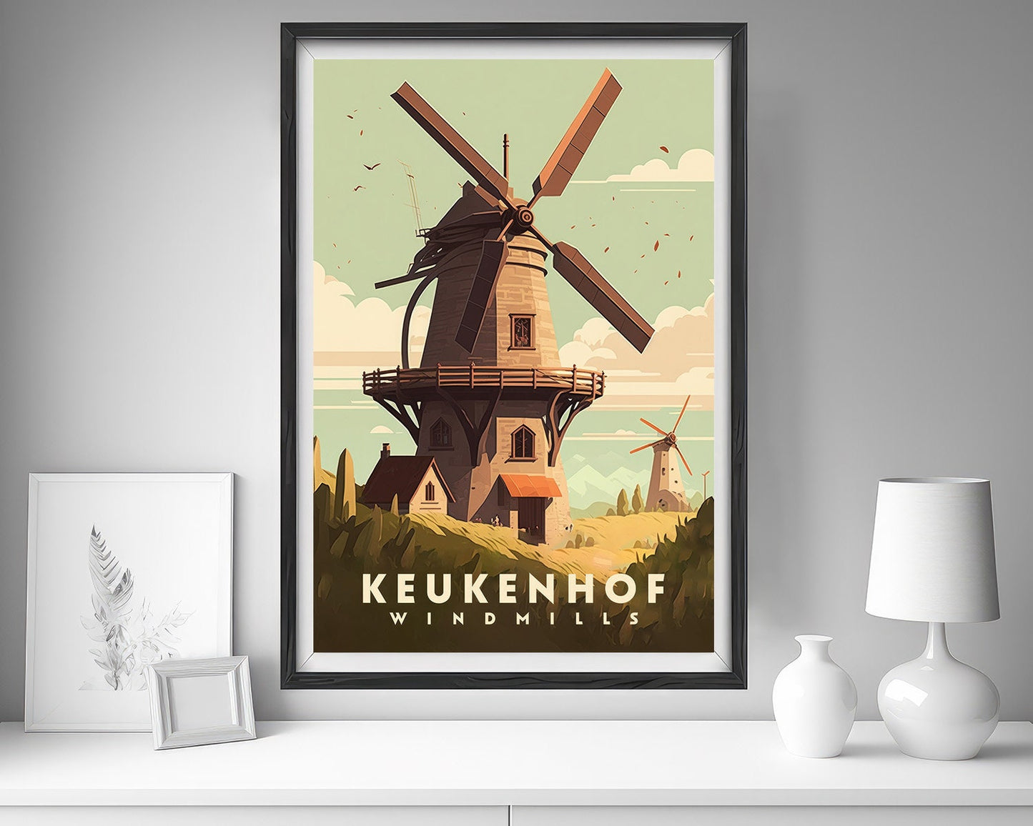 Framed Keukenhof Netherlands Travel Poster in Portrait orientation, minimal background, close up wall art print 5