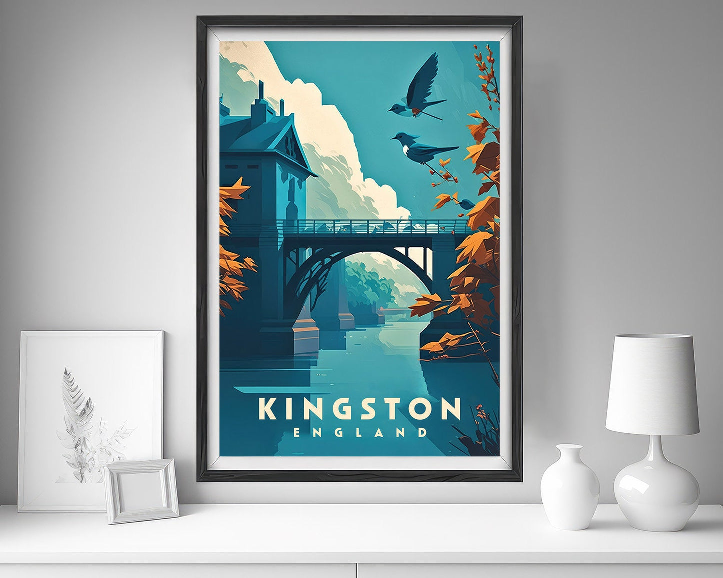 Framed Kingston England UK Travel Poster in Portrait orientation, minimal background, close up wall art print 5