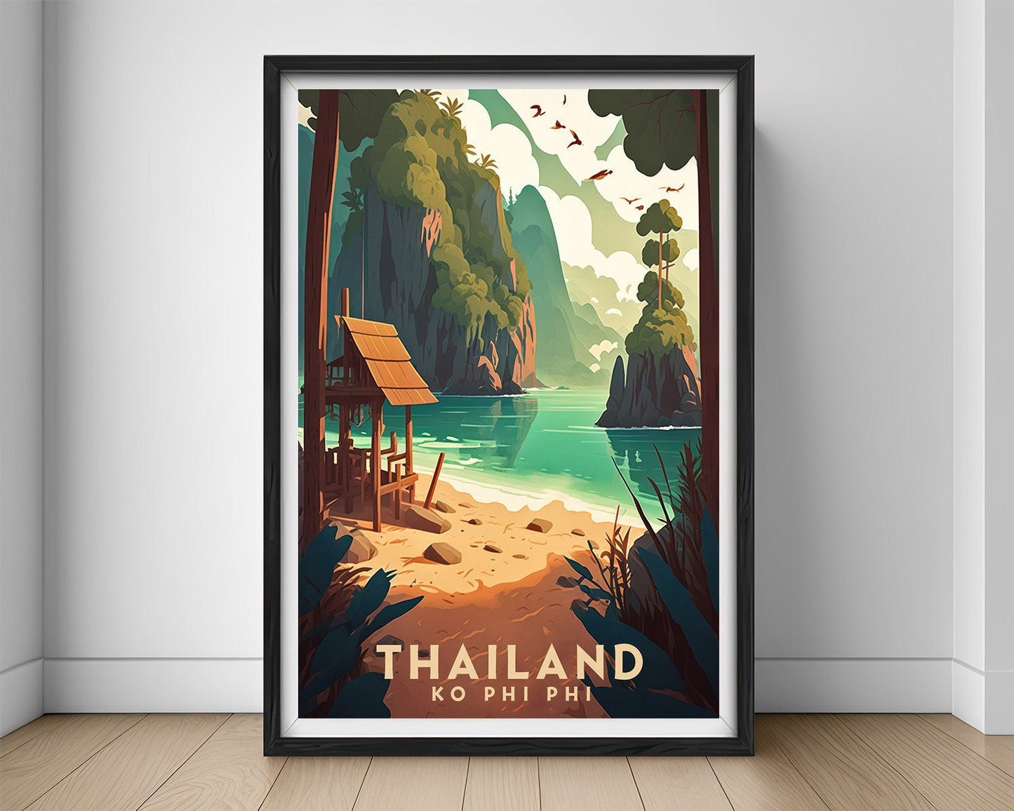 Framed Ko Phi Phi Thailand Travel Poster in Portrait orientation, minimal background, close up wall art print 1