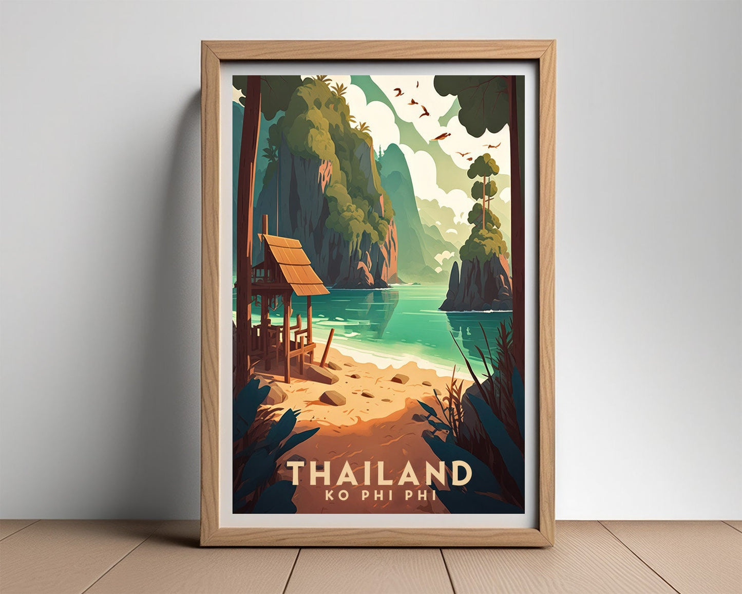 Framed Ko Phi Phi Thailand Travel Poster in Portrait orientation, minimal background, close up wall art print 2