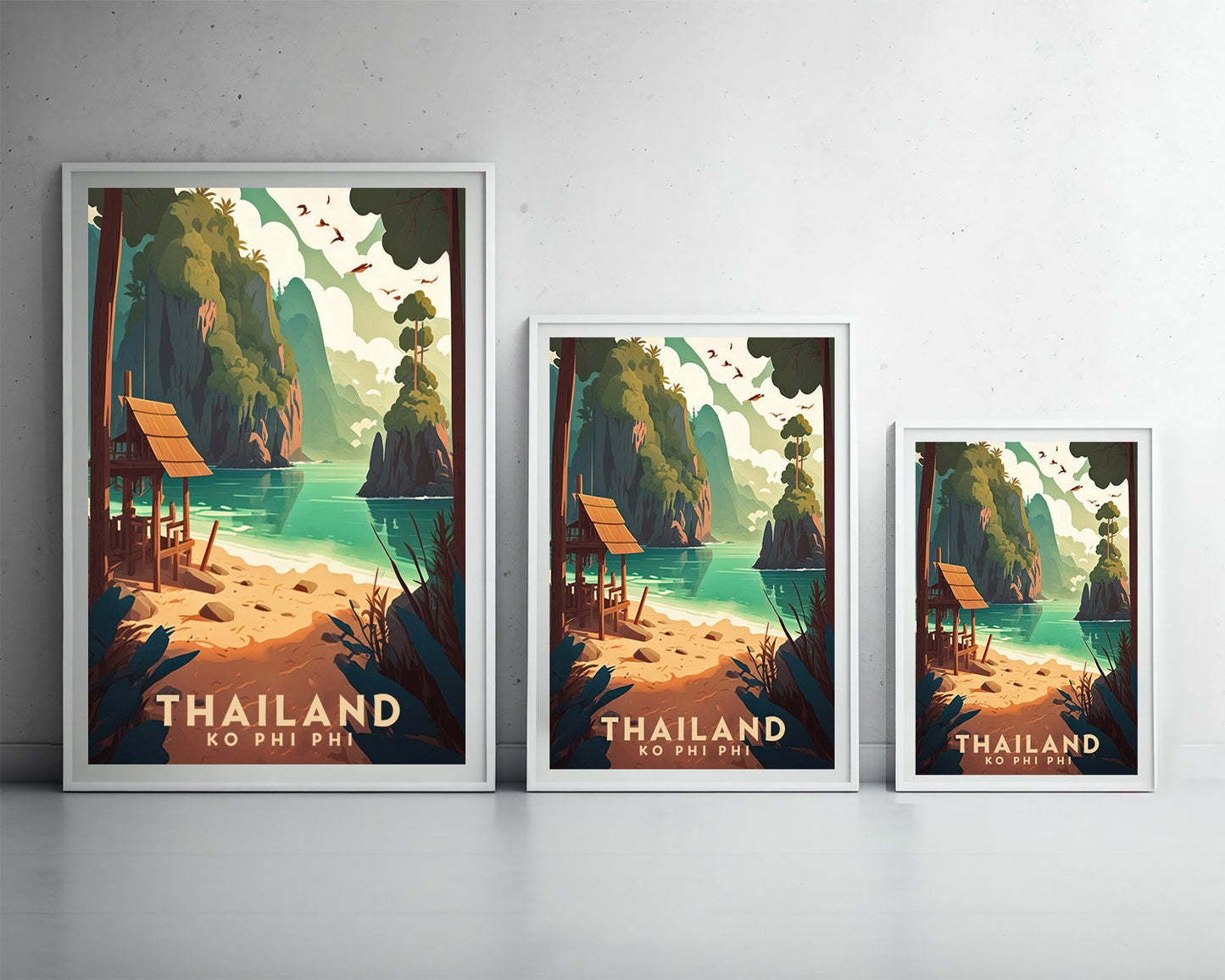 Framed Ko Phi Phi Thailand Travel Poster in Portrait orientation, minimal background, close up wall art print 5