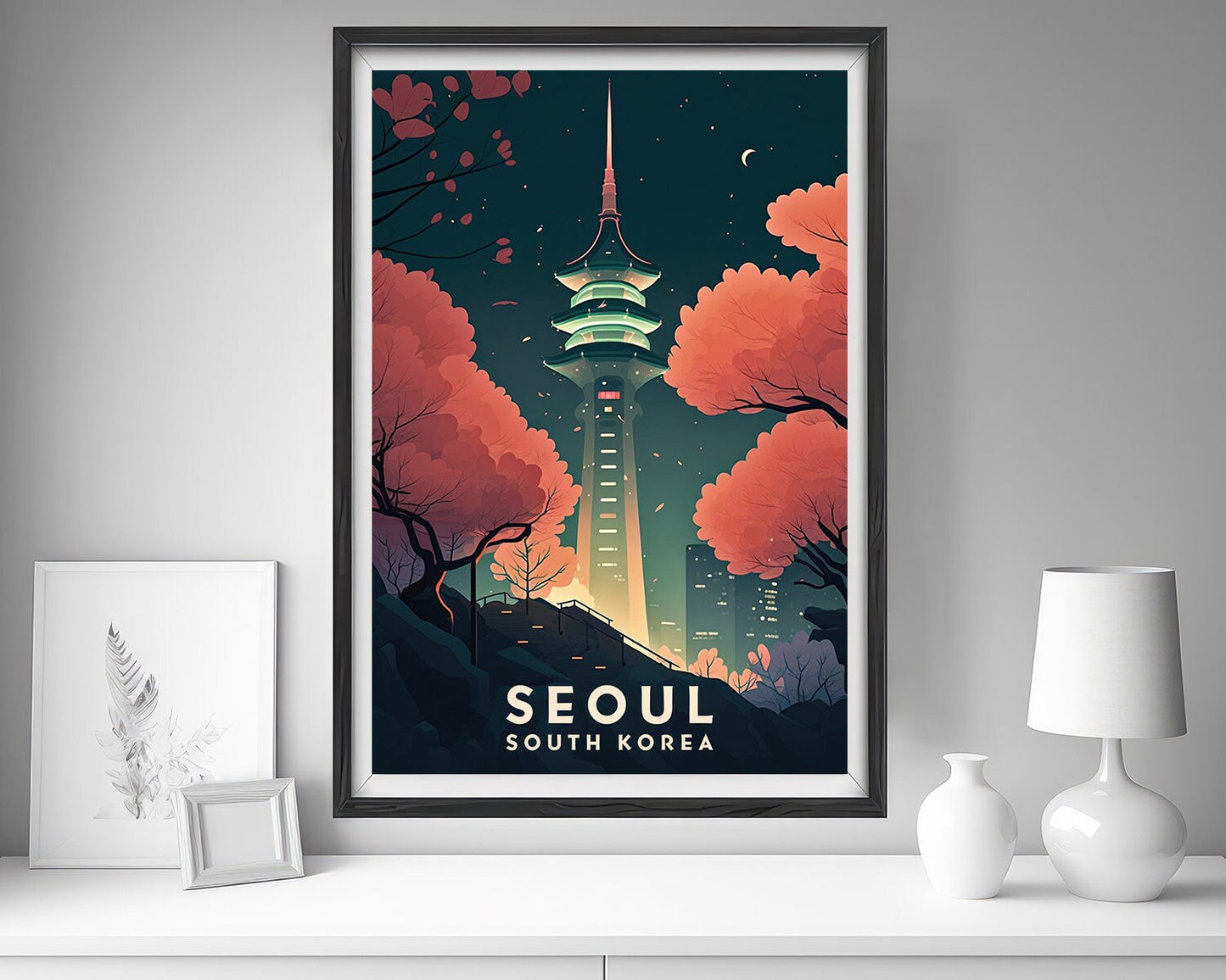 Framed Korea Namsan Tower Travel Poster in Portrait orientation, minimal background, close up wall art print 5