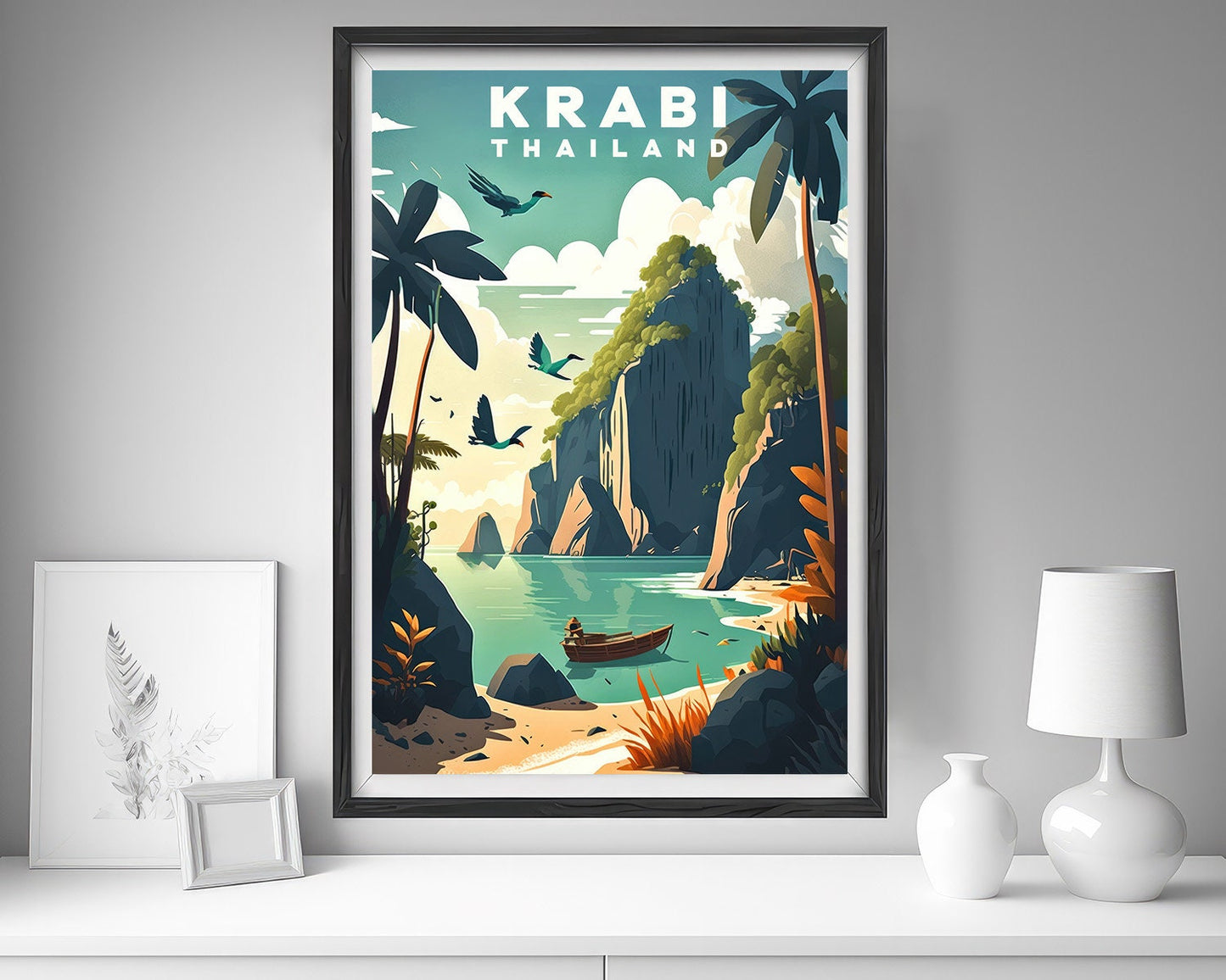 Framed Krabi Travel Poster in Portrait orientation, minimal background, close up wall art print 5