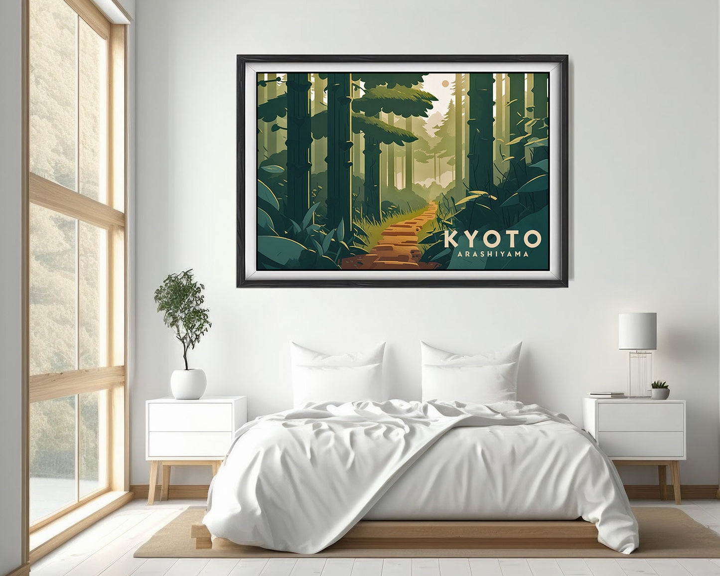Framed Kyoto Arashiyama Japan Travel Poster in Landscape orientation, minimal background, close up wall art print 4