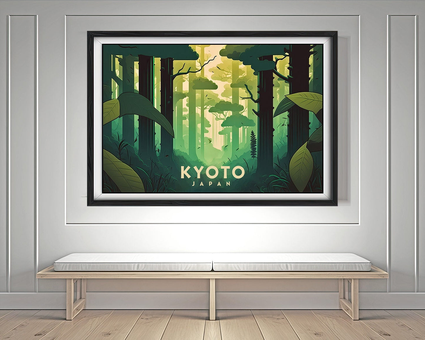 Framed Kyoto Japan Bamboo Forest Travel Poster in Landscape orientation, minimal background, close up wall art print 4