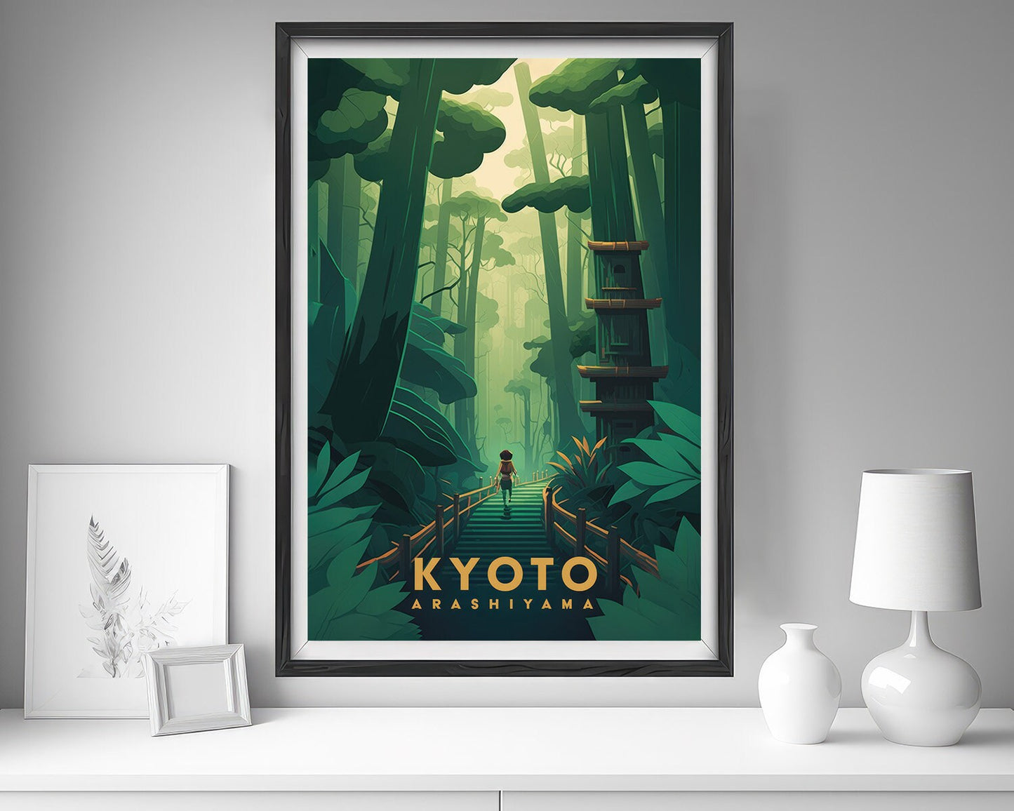 Framed Kyoto Japan Travel Poster in Portrait orientation, minimal background, close up wall art print 5