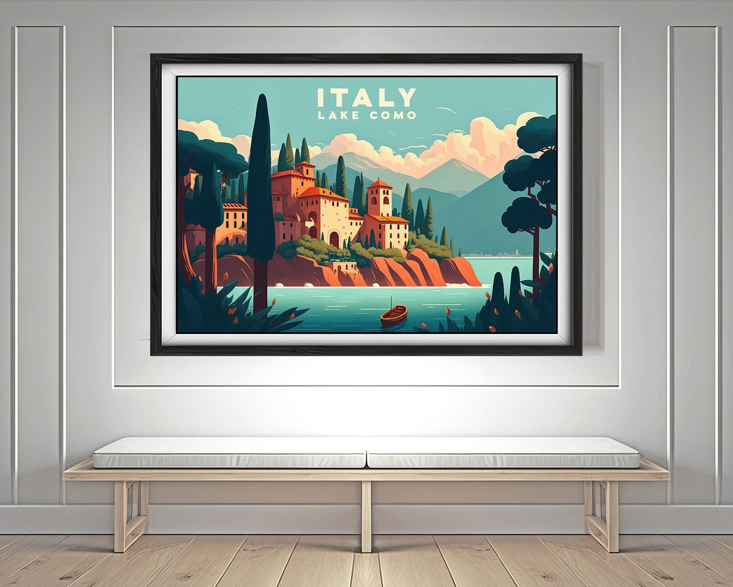 Framed Lake Como Italy Travel Poster in Landscape orientation, minimal background, close up wall art print 4