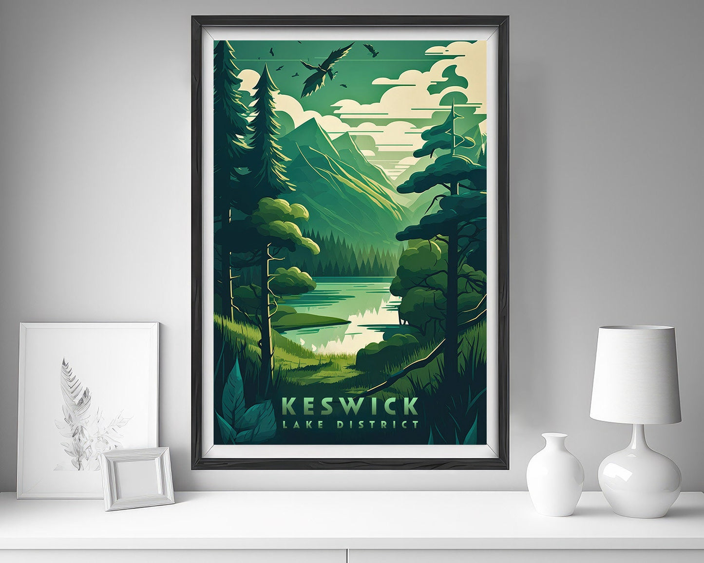 Framed Lake District Keswick Travel Poster in Portrait orientation, minimal background, close up wall art print 5