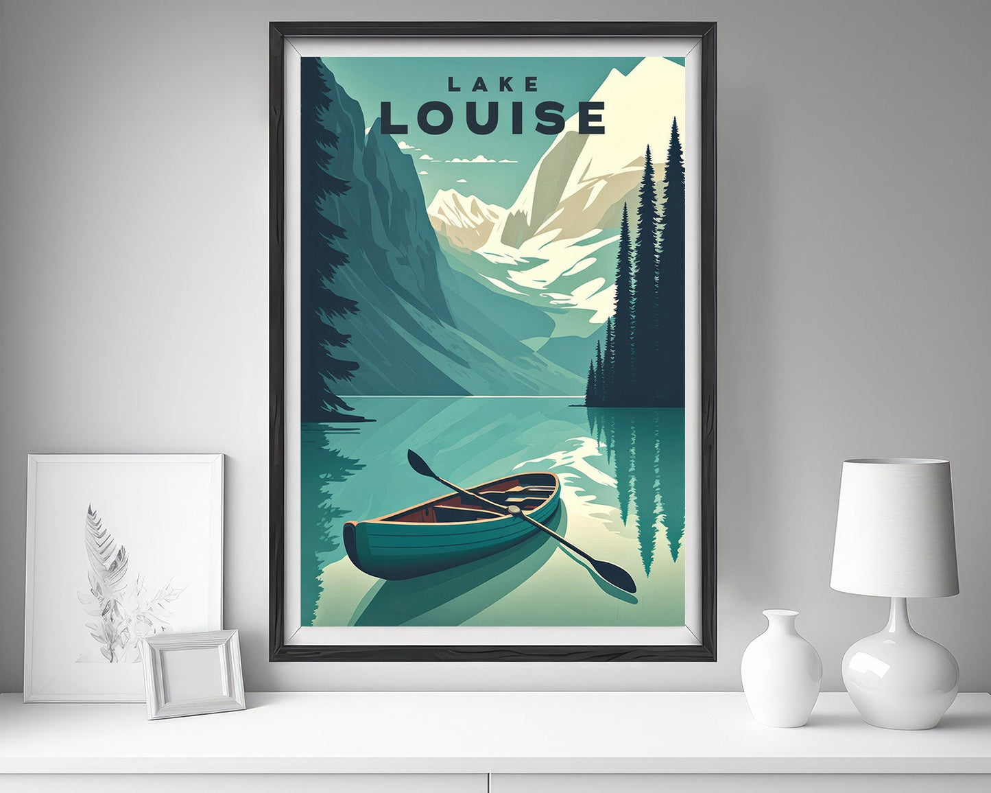 Framed Lake Louise Alberta Canada Travel Poster in Portrait orientation, minimal background, close up wall art print 5