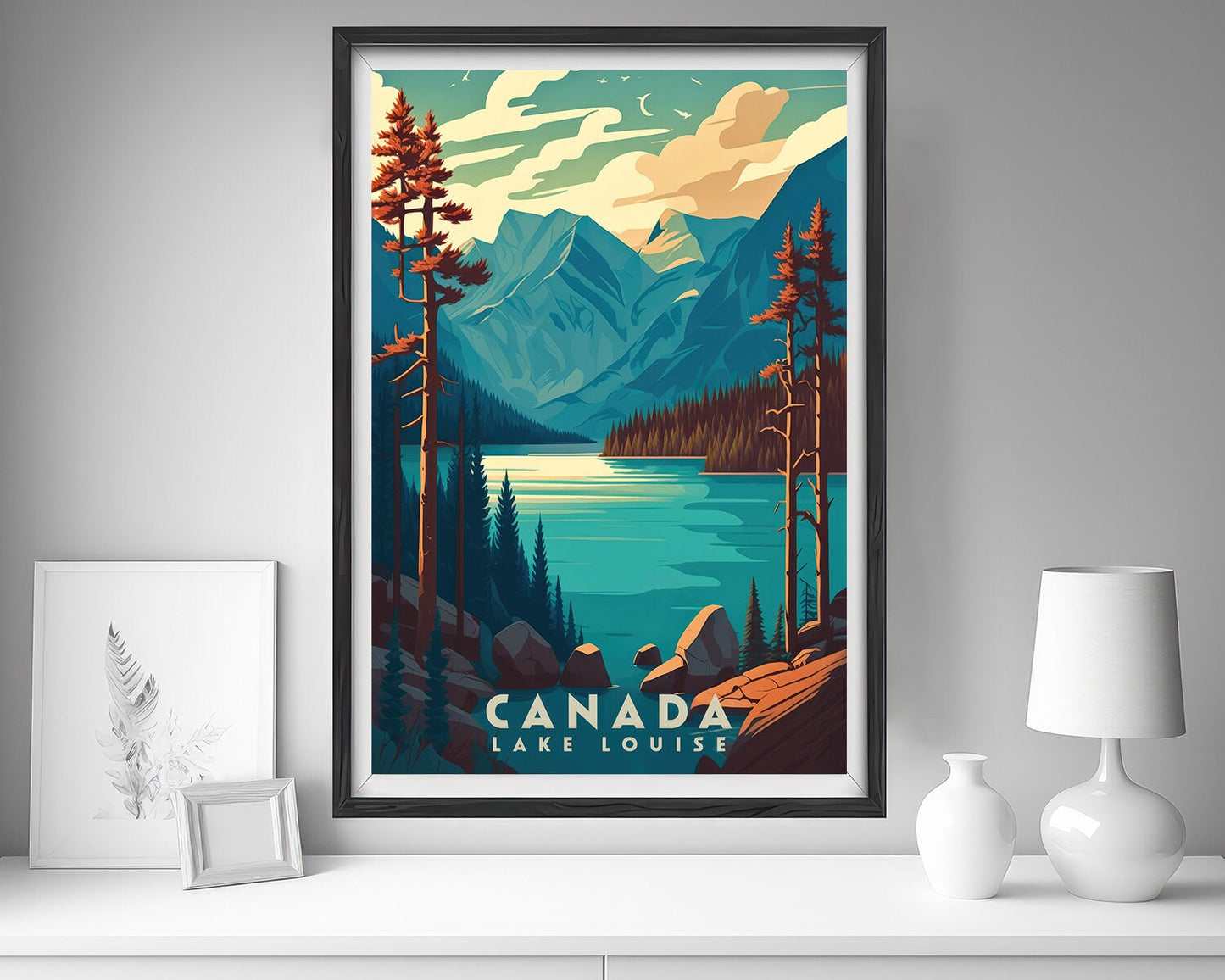 Framed Lake Louise Travel Poster in Portrait orientation, minimal background, close up wall art print 5