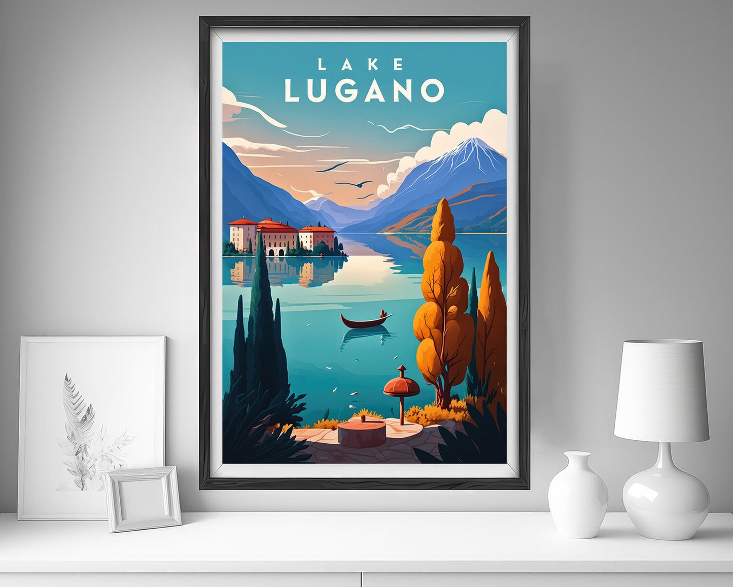 Framed Lake Lugano Europe Travel Poster in Portrait orientation, minimal background, close up wall art print 5