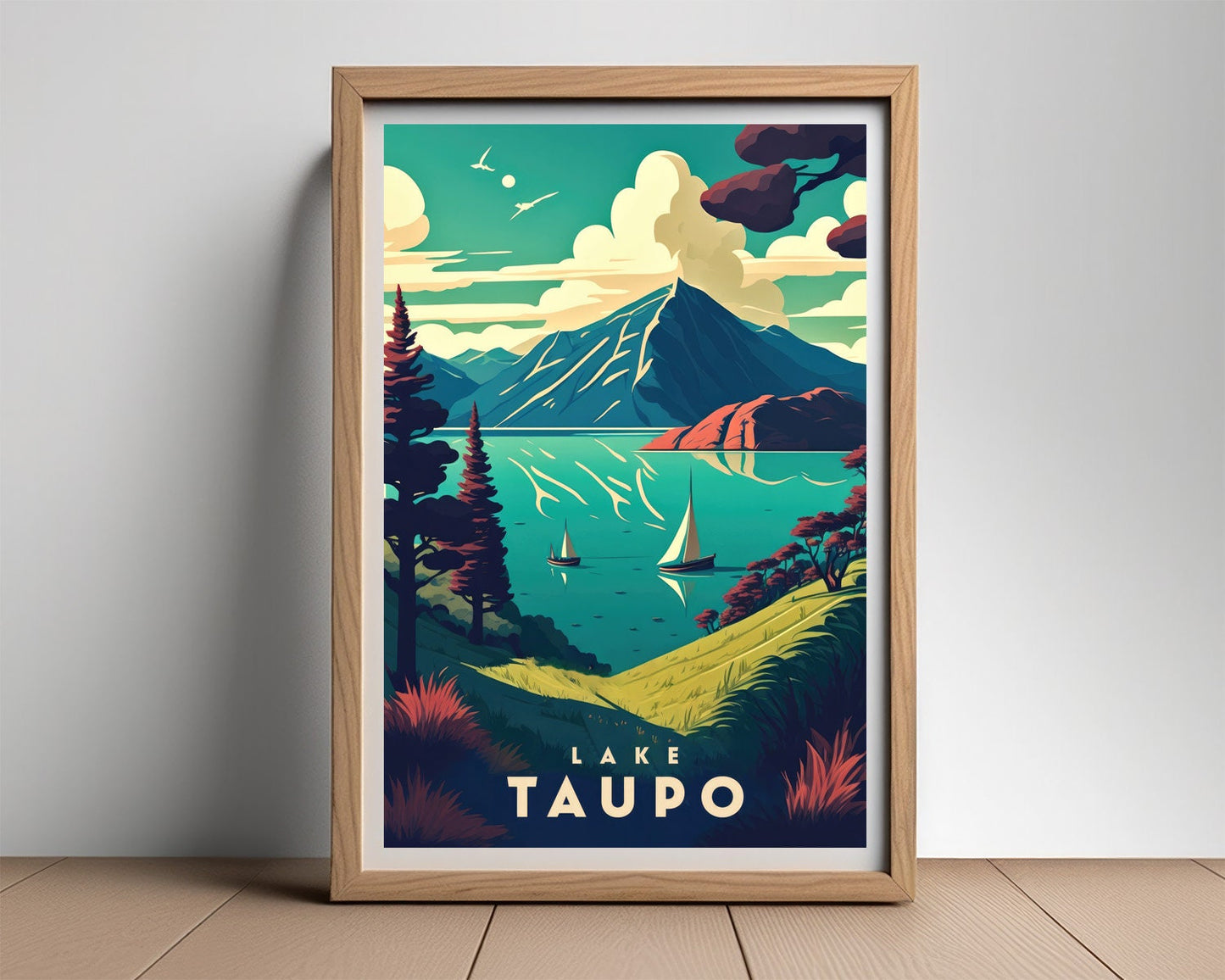 Framed Lake Taupo New Zealand Travel Poster in Portrait orientation, minimal background, close up wall art print 2