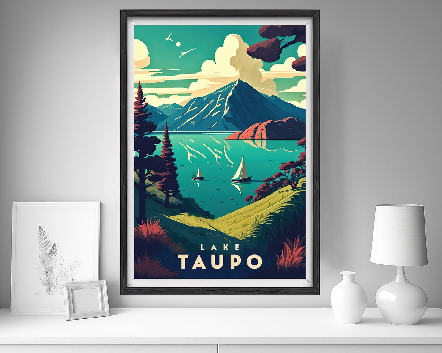 Framed Lake Taupo New Zealand Travel Poster in Portrait orientation, minimal background, close up wall art print 5