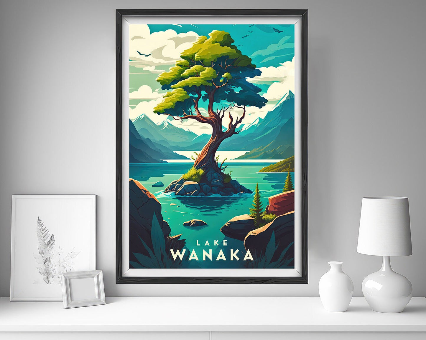Framed Lake Wanaka New Zealand Travel Poster in Portrait orientation, minimal background, close up wall art print 5