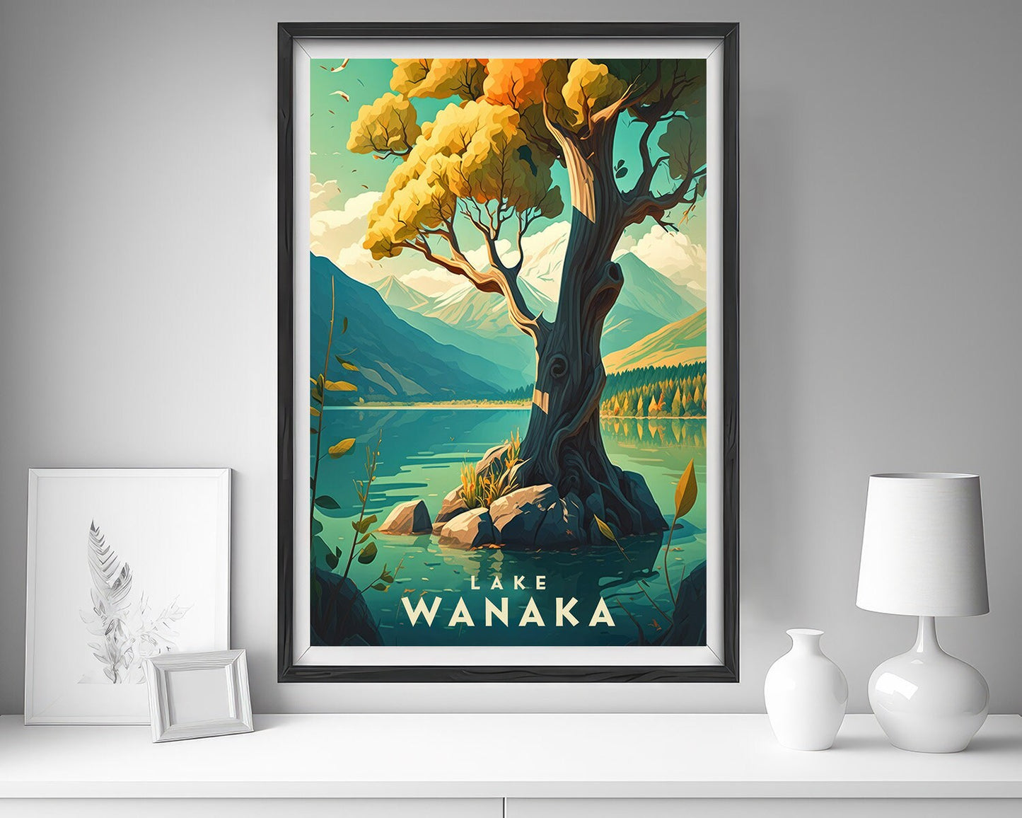 Framed Lake Wanaka Travel Poster in Portrait orientation, minimal background, close up wall art print 5