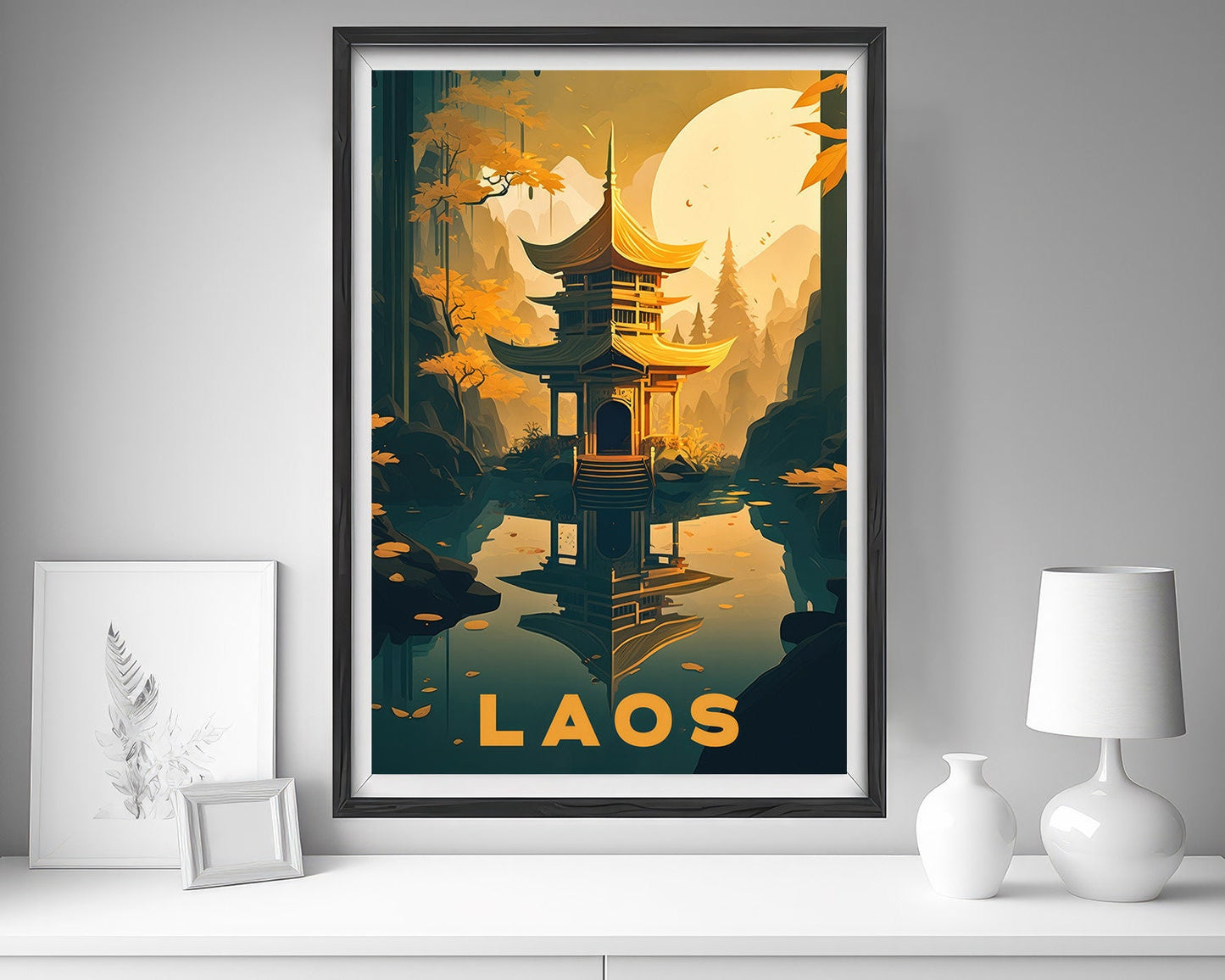 Framed Laos Prabang Travel Poster in Portrait orientation, minimal background, close up wall art print 5