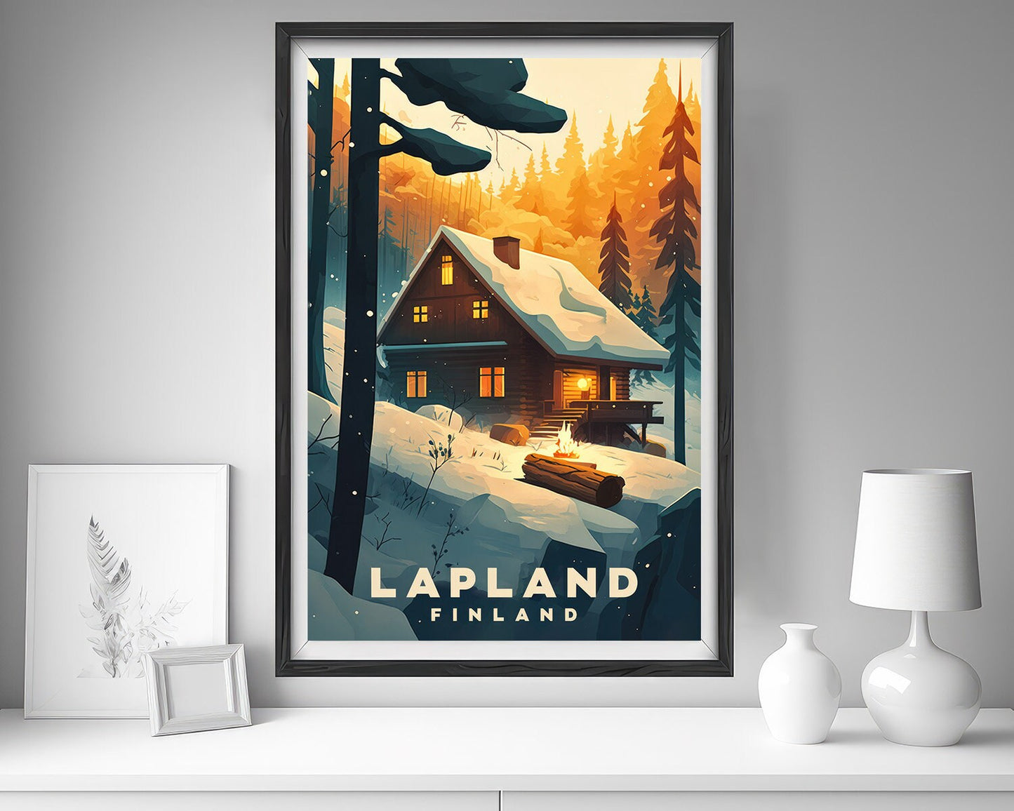 Framed Lapland Finland Travel Poster in Portrait orientation, minimal background, close up wall art print 5