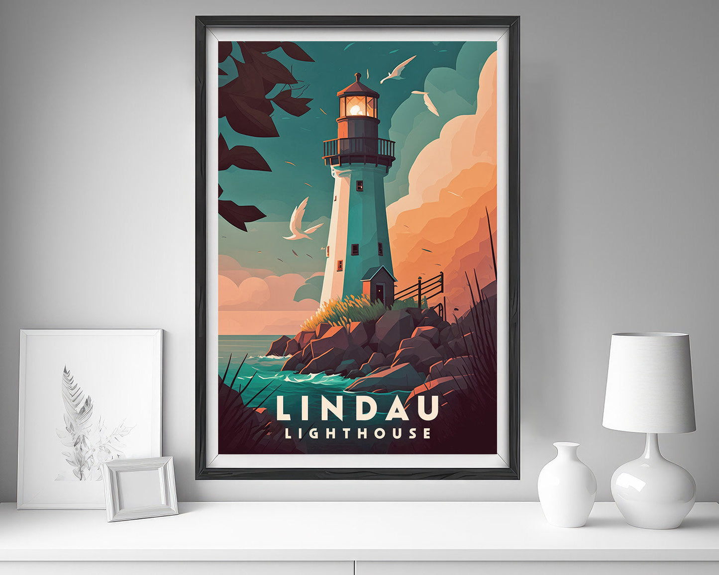Framed Lindau Lighthouse Germany Travel Poster in Portrait orientation, minimal background, close up wall art print 5