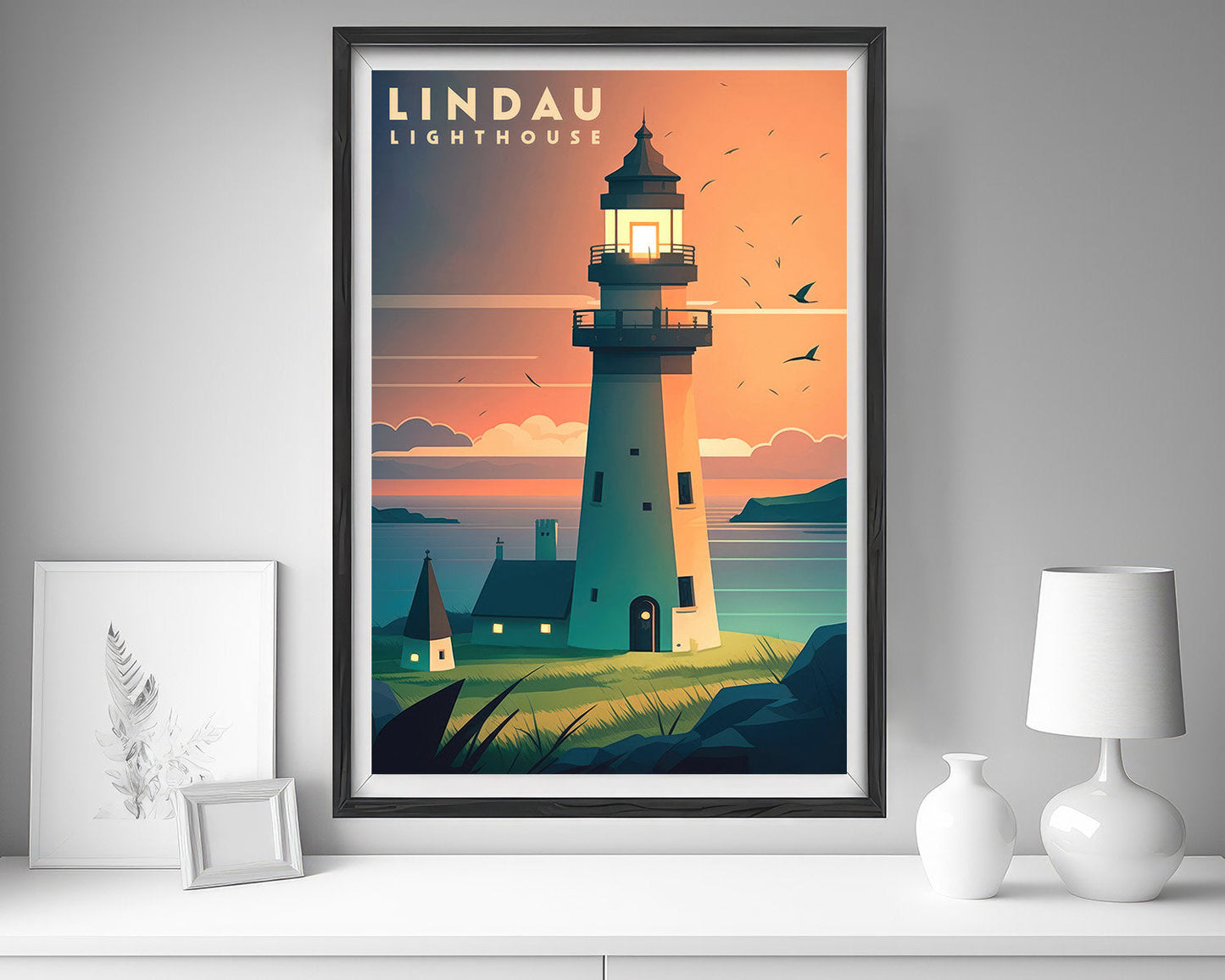 Framed Lindau Lighthouse Travel Poster in Portrait orientation, minimal background, close up wall art print 5