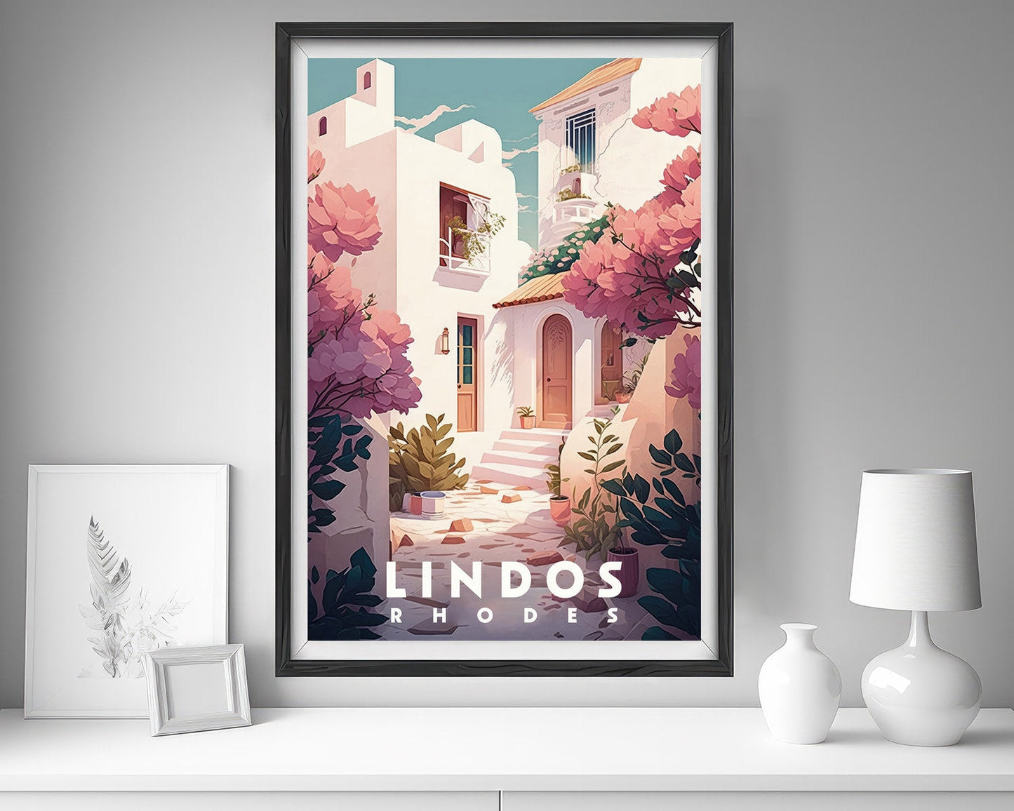 Framed Lindos Rhodes Greece Europe Travel Poster in Portrait orientation, minimal background, close up wall art print 5