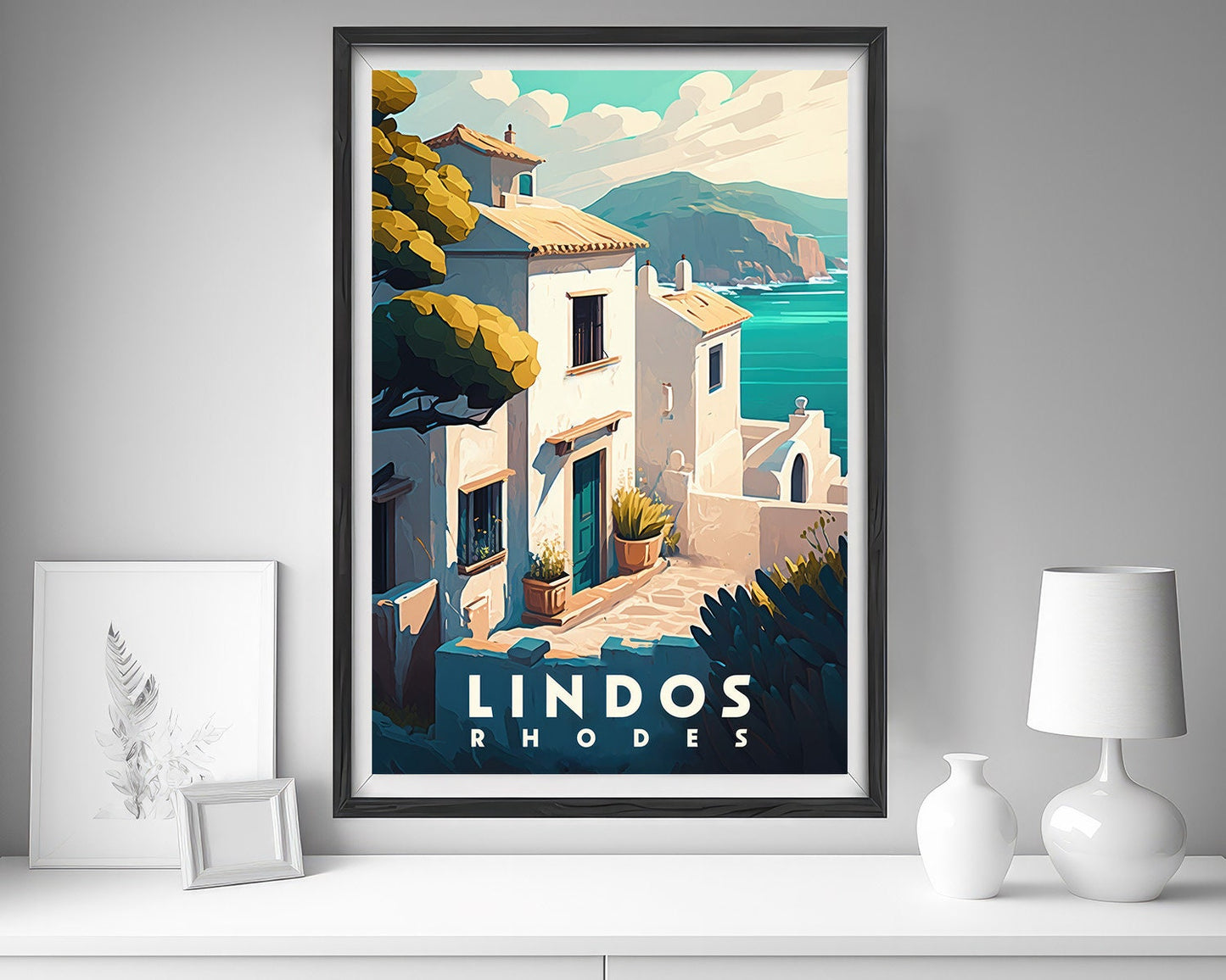 Framed Lindos Rhodes Greece Travel Poster in Portrait orientation, minimal background, close up wall art print 5