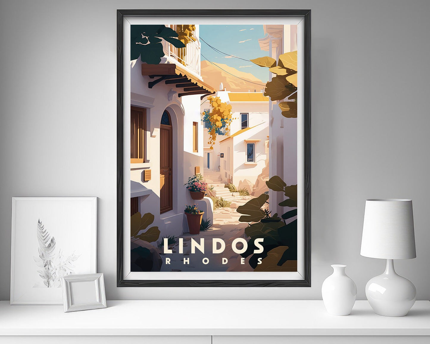 Framed Lindos Rhodes Travel Poster in Portrait orientation, minimal background, close up wall art print 5